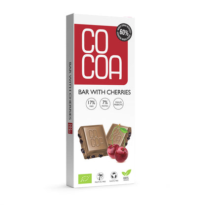 Organic chocolate with cherries. 60% less sugar, 40 g Vegan